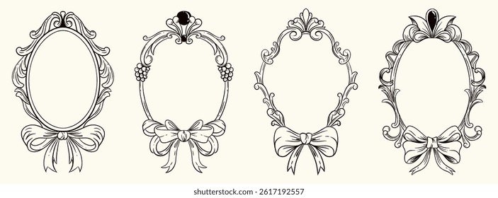 Collection of ornate oval frames with vintage baroque elements and decorative bows. Coquette-inspired detailing with elegant and romantic flair.