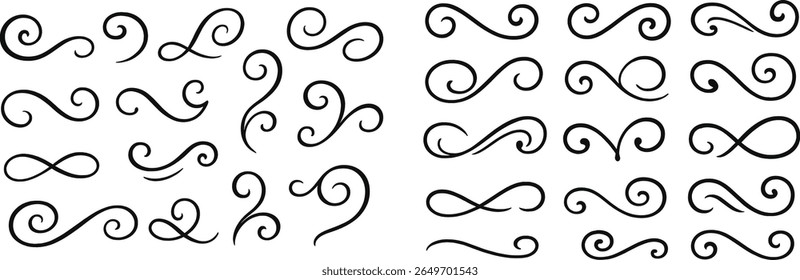 Collection of ornate swirls and flourishes designed for artistic projects. Various styles are presented in black, showcasing diverse shapes suitable for decoration.