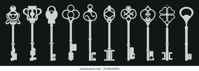 Collection of ornate vintage keys with intricate designs. Vintage keys in various shapes. Ornate keys perfect for antique decor or design inspiration. Element vector set.