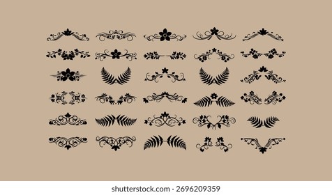 Una colección de Elementos y bordes decorativos de estilo vintage adornados en un patrón repetitivo sobre un fondo beige texturizado.