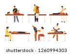 Collection of osteopaths performing treatment manipulations or massaging their patients. Set of specialists in osteopathy, chiropractic or manual therapy. Vector illustration in flat cartoon style.