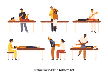 Collection of osteopaths performing treatment manipulations or massaging their patients. Set of specialists in osteopathy, chiropractic or manual therapy. Vector illustration in flat cartoon style.