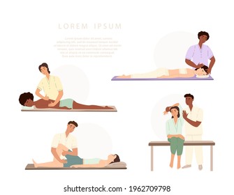 Collection of osteopaths performing treatment manipulations or massaging their patients. Set of specialists in osteopathy, chiropractic or manual therapy. Vector illustration in flat cartoon style.