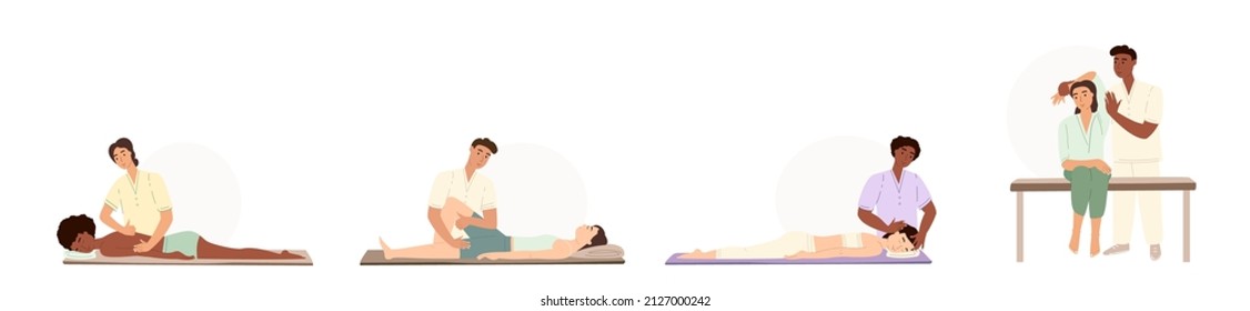 Collection of osteopaths performing treatment manipulations or massaging their patients. Set of specialists in osteopathy, chiropractic or manual therapy. Vector illustration in flat cartoon style.