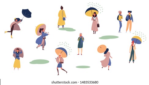 Collection of outdoor activity in fall on rainy day. Set of women in autumn clothes walking outdoor. Bundle of people in fall season isolated on white background. Colorful vector in flat cartoon style