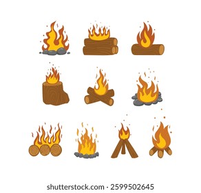 A collection of outdoor bonfire illustration, for adventure designs, nature-themed projects, and storytelling visuals.