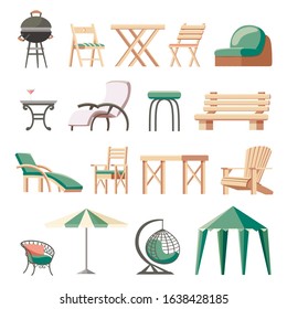 Collection Of Outdoor Furniture Or Garden Furnishings - Folding Deckchairs, Sunlounger, Tables, Bench, Barbecue Grill, Umbrella, Hanging Wicker Chair, Gazebo Tent. Flat Cartoon Vector Illustration.