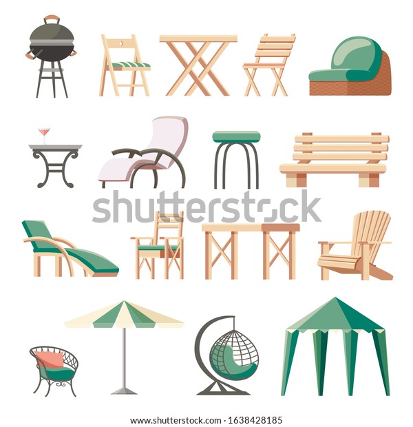 Collection of outdoor furniture or garden\
furnishings - folding deckchairs, sunlounger, tables, bench,\
barbecue grill, umbrella, hanging wicker chair, gazebo tent. Flat\
cartoon vector\
illustration.