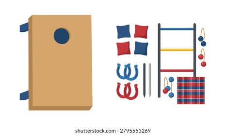 A collection of outdoor games including cornhole and horseshoes, perfect for backyard fun and gatherings.