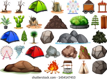 Collection of outdoor nature themed objects and plant elements illustration