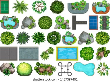 Collection of outdoor nature themed objects and plant elements illustration