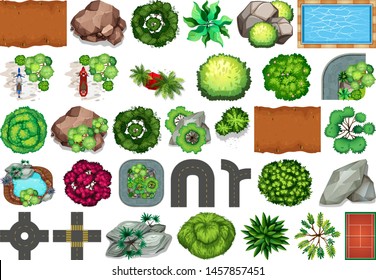 Collection of outdoor nature themed objects and plant elements illustration