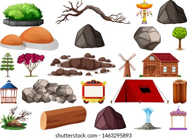 Recopilación de objetos temáticos sobre la naturaleza al aire libre e ilustración de elementos vegetales