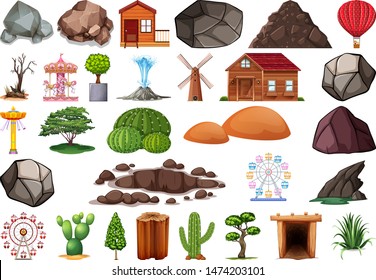 Collection of outdoor nature themed objects and plant elements illustration