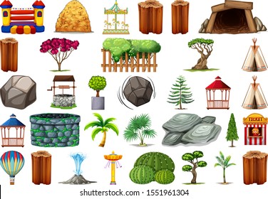 Collection of outdoor nature themed objects and plant elements illustration