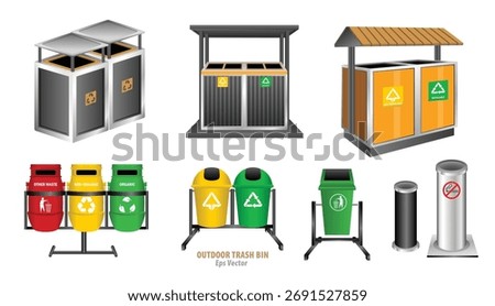 A collection of outdoor trash bins designed for malls, shopping centers, parks, and other public spaces. The vector illustration features various modern trash bin styles, including recycling bins 