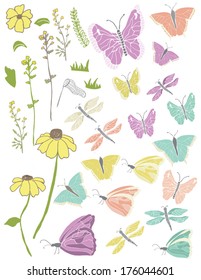 Collection of Outdoor Vector Butterflies, Dragonflies, Daisies, and Nature Elements