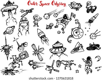 Collection of outer space doodle, isolated vector illustration on white background, set of space ship odyssey clip art for creating  pattern or any illustration work. 