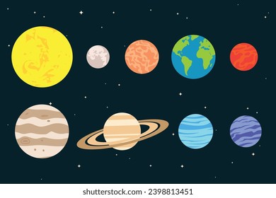 Collection of outer space planets in the solar system with flat style design concept