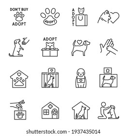 Collection Of Outline Animal Shelter Monochrome Icon Vector Illustration. Set Of Cat And Dog Help Donation Adoption Isolated On White. Bundle Of Pet Care Charity Friendship Linear Simple Logo