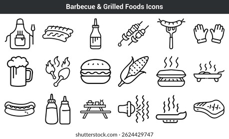 Collection of outline barbecue and grilled food icons for summer cookouts and restaurant menus