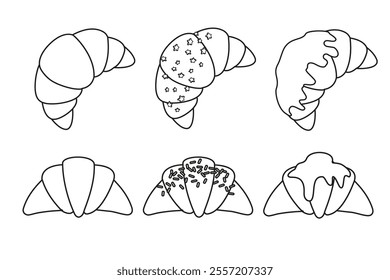 A collection outline
black and white of different delicious croissants, pastries, French cuisine