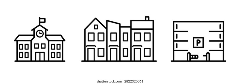 Collection of outline building icons featuring a school with a clock tower, a row of residential houses, and a multi-level parking garage structure.