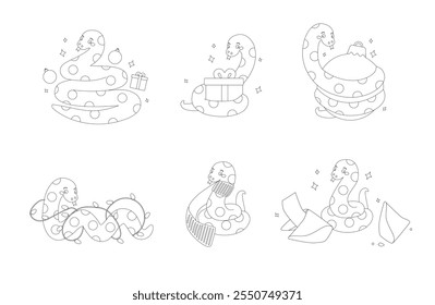 Collection of outline cartoon cute holiday snakes. Christmas and New Year. Vector illustration, winters coloring book for kids.