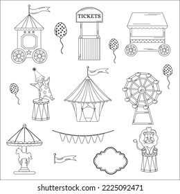 Collection of outline circus. Tent, clown, ticket office, lion