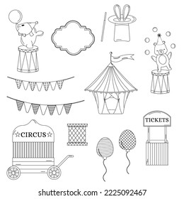 Collection of outline  circus. Tent, hare in a hat, fur seal, garland, ball, bear, ticket office