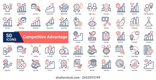 Uma coleção de ícones da vantagem competitiva da cor de contorno. Contendo a margem de mercado, preços, aumento de vendas, valor da marca, rápido crescimento, confiança e estratégia. Ideal para o sucesso dos negócios.