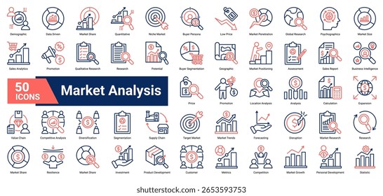 A collection of  outline color Market Analysis icons. Containing segmentation, market share, pricing, buyer persona, trends, forecasting, and strategy. Ideal for business planning.