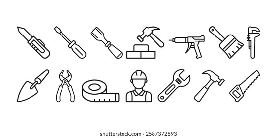 Collection of Outline Construction and Repair Tools, Hand Tools icon, logos, vector illustration