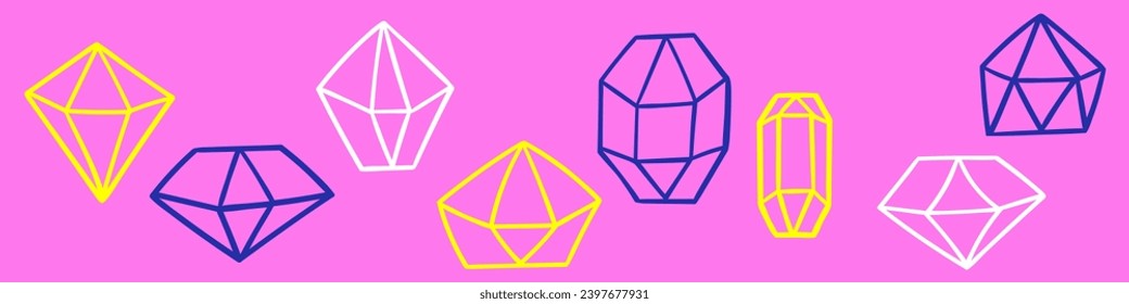 Collection of outline crystals. Flat design. Vector icons. Hand drawn Illustrations on pink background. 
