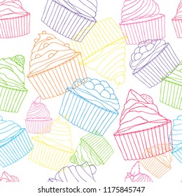 collection of outline  cupcakes, seamless pattern, decorative banner, dessert postcard, birthday celebration