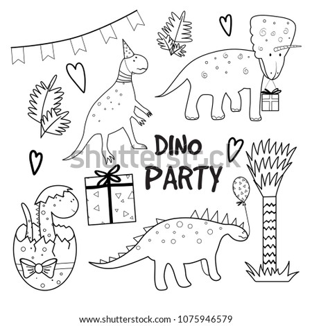 Collection of outline dinosaurs with party elements isolayed on white background.  Vector illustartion, can be used for kids room decoration, t-shit prints, greeting cards.