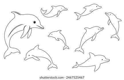 Colección de delfines esquemáticos en estilo doodle. Arte vectorial dibujado a mano.