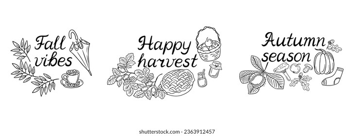 Collection of outline doodle autumn season quotes, lettering or phrase with handwritting for greeting cards, banners, posters design. Fall vibes, Happy harvest, Autumn season slogans. Black and white
