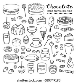 Collection of outline doodle chocolate and cocoa products, sweets, desserts, cakes, fruits isolated on white background.
