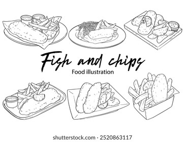 Coleção de esboço de desenho crocante peixe e chips ilustração de vetor alimentar