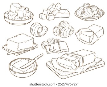 Collection of outline drawing dairy product butter vector food illustration