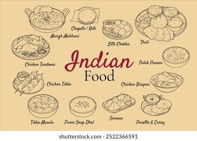 Collection of outline drawing Indian cuisine vector illustration