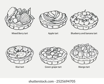 Collection of outline drawing mixed fruit tart vector illustration