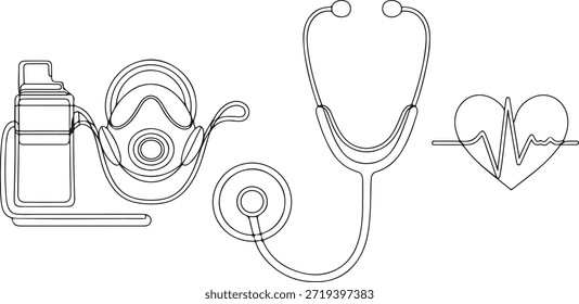 A collection of outline drawings representing essential healthcare and medical equipment, suitable for modern design projects, web icons, or as a coloring page.