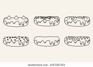 Collection outline of eclairs pastries French cuisine desserts hand drawn