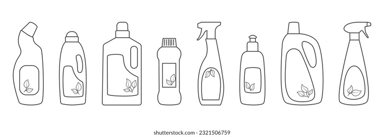 Collection of outline eco friendly cleaning products. Set of  Natural detergents for home cleaning. Household organic product