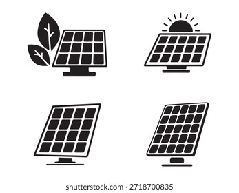 Collection of outline and filled solar panel icons, some with sun symbol and leaves for eco power.