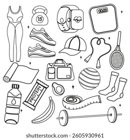 Collection outline of fitness gym inventory elements, sport equipment. Healthy lifestyle concept
