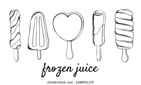 Collection of outline frozen juice ice cream or popsicle isolated on white background. Sweet dessert. Contour drawn vector illustration