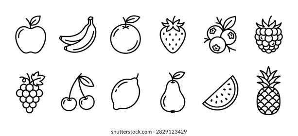 Collection of outline fruit icons including apple, banana, orange, strawberry, blueberry, raspberry, grape, cherry, lemon, pear, watermelon, and pineapple.